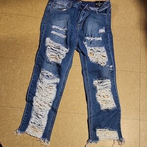 Blue Boyfriend Jeans with Distressed Design
